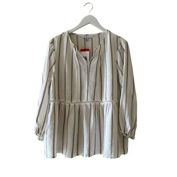 NWT Fever 3/4 Sleeve Blouse, Tan/Ivory Stripes Lace Bohemian Gypsy Sz M #1842 - Picture 2 of 11